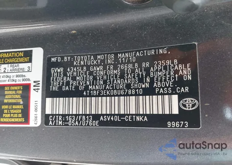 2011 Toyota Camry Le from USA, damaged, VIN 4T1BF3EK0BU678810